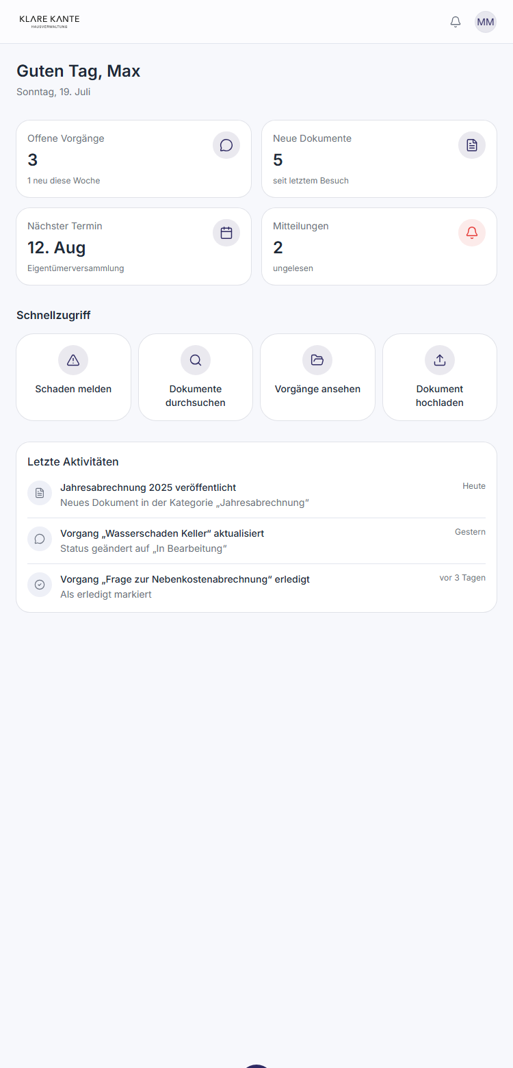 Dashboard-Ansicht des digitalen Eigentümerportals